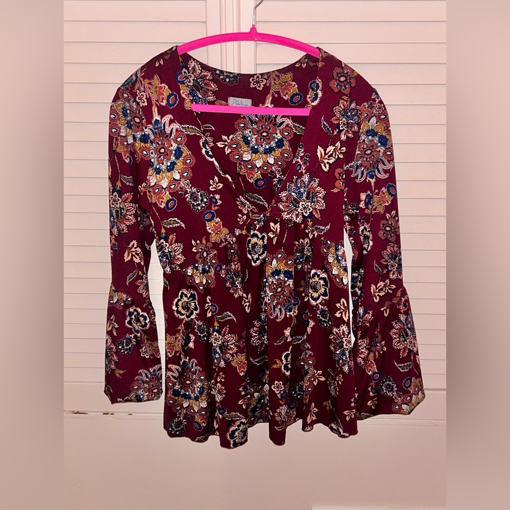 Abbeline Burgundy V-Neck Floral Blouse